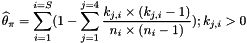 \[ \widehat\theta_\pi=\sum_{i=1}^{i=S}(1-\sum_{j=1}^{j=4}\frac{k_{j,i} \times (k_{j,i}-1)}{n_i \times (n_i - 1)});k_{j,i}>0 \]